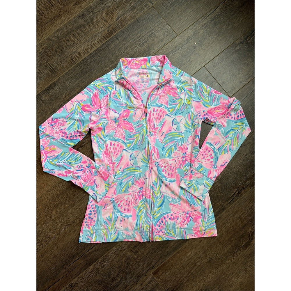 Lilly Pulitzer Hadlee Jacket UPF 50+ Ibiza Blue Gimme The Juice Blue Zip S EUC
